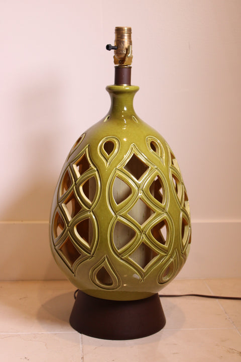 Mid-Century Olive Green Pierced Pottery Table Lamp