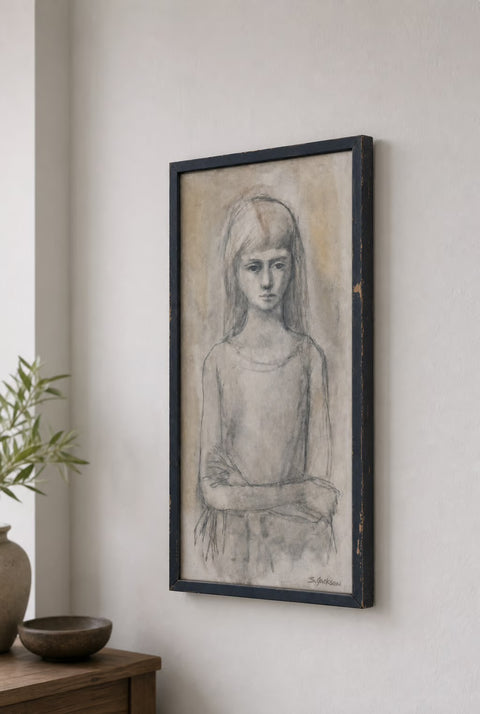 Vintage Framed Charcoal Portrait of a Young Woman