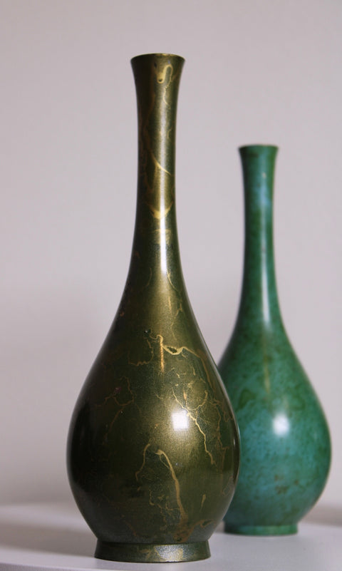 Set of Three Vintage Patinated Metal Bud Vases Green Turquoise Brown