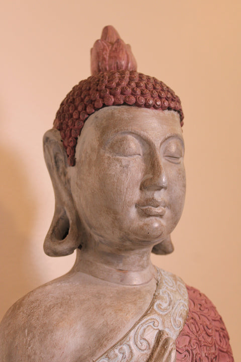Vintage Seated Buddha Statue with Red Robe Decorative Sculpture