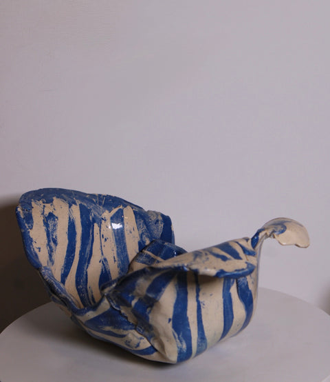 Folded Sculptural Blue Striped Ceramic Bowl