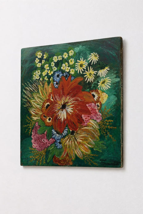 Vintage Floral Still Life on Green Ground