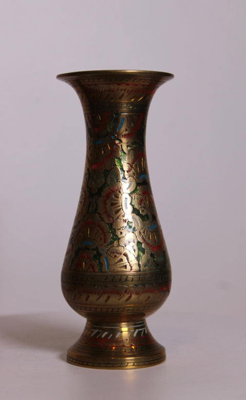 Small Floral Enamel Brass Vase