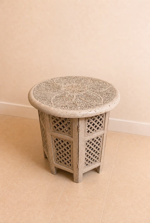 Vintage Hand-Carved Moroccan Round Accent Table | Pink Wood Side Table