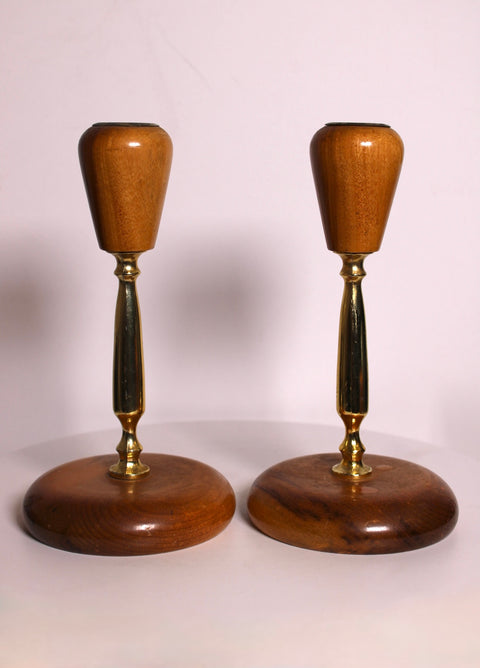 Pair of Myrtle Wood and Brass Candlesticks