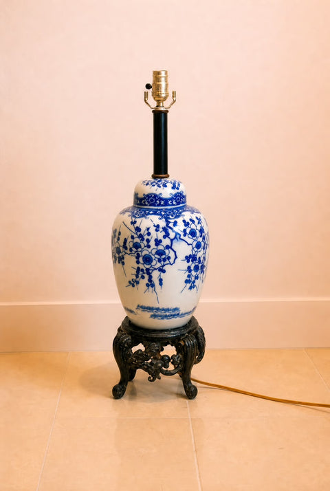 Vintage Blue & White Cherry Blossom Porcelain Ginger Jar Table Lamp