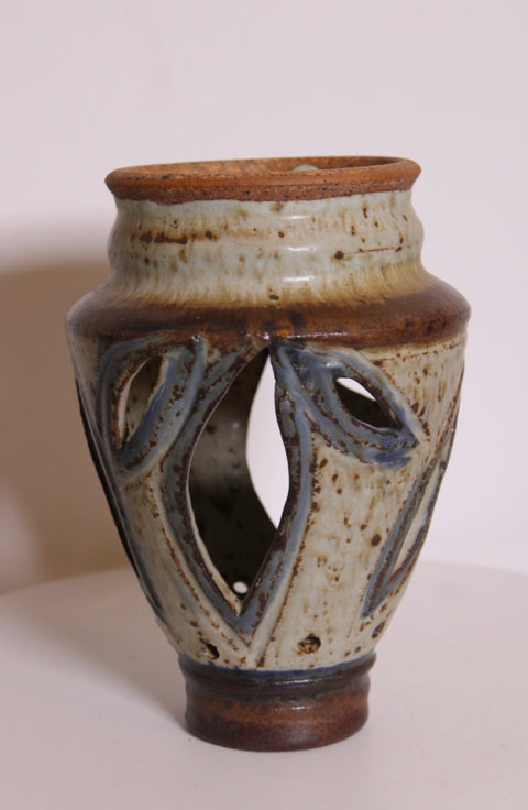 Signed Openwork Studio Pottery Carved Vase