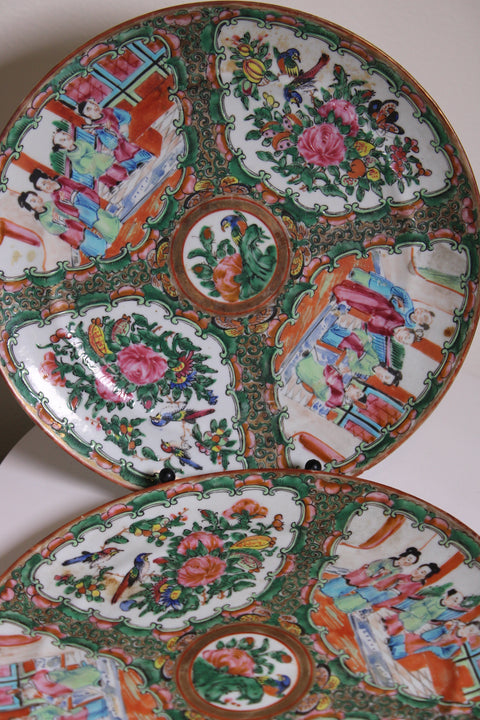 Antique Chinese "Canton" Rose Medallion Porcelain Plates, Circa 1900's