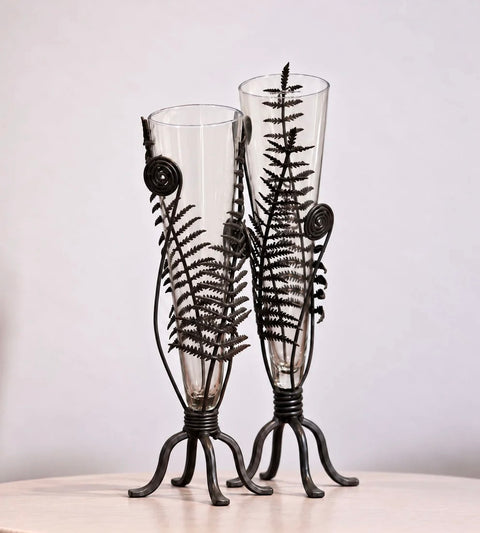 Vintage Fern and Fiddlehead Metal Stand Glass Vases