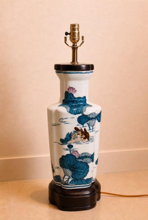 Vintage Knob Creek Chinoiserie Porcelain Table Lamp with Lotus Motif