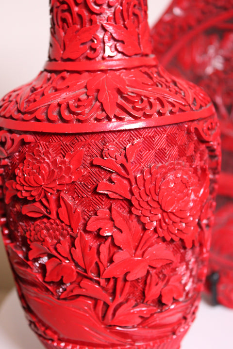 Vintage Red Cinnabar Style Carved Vase and Tray Set