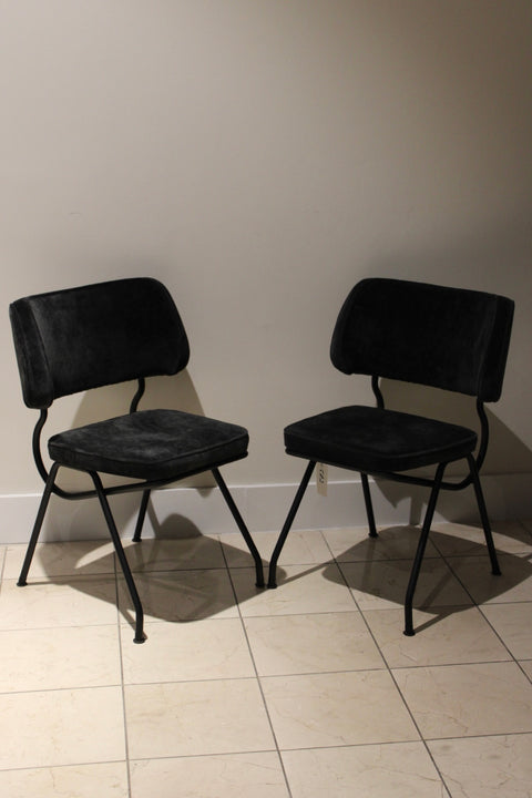 Vintage Postmodern Black Velvet Dining Chairs | Sculptural Metal Frame Side Chairs