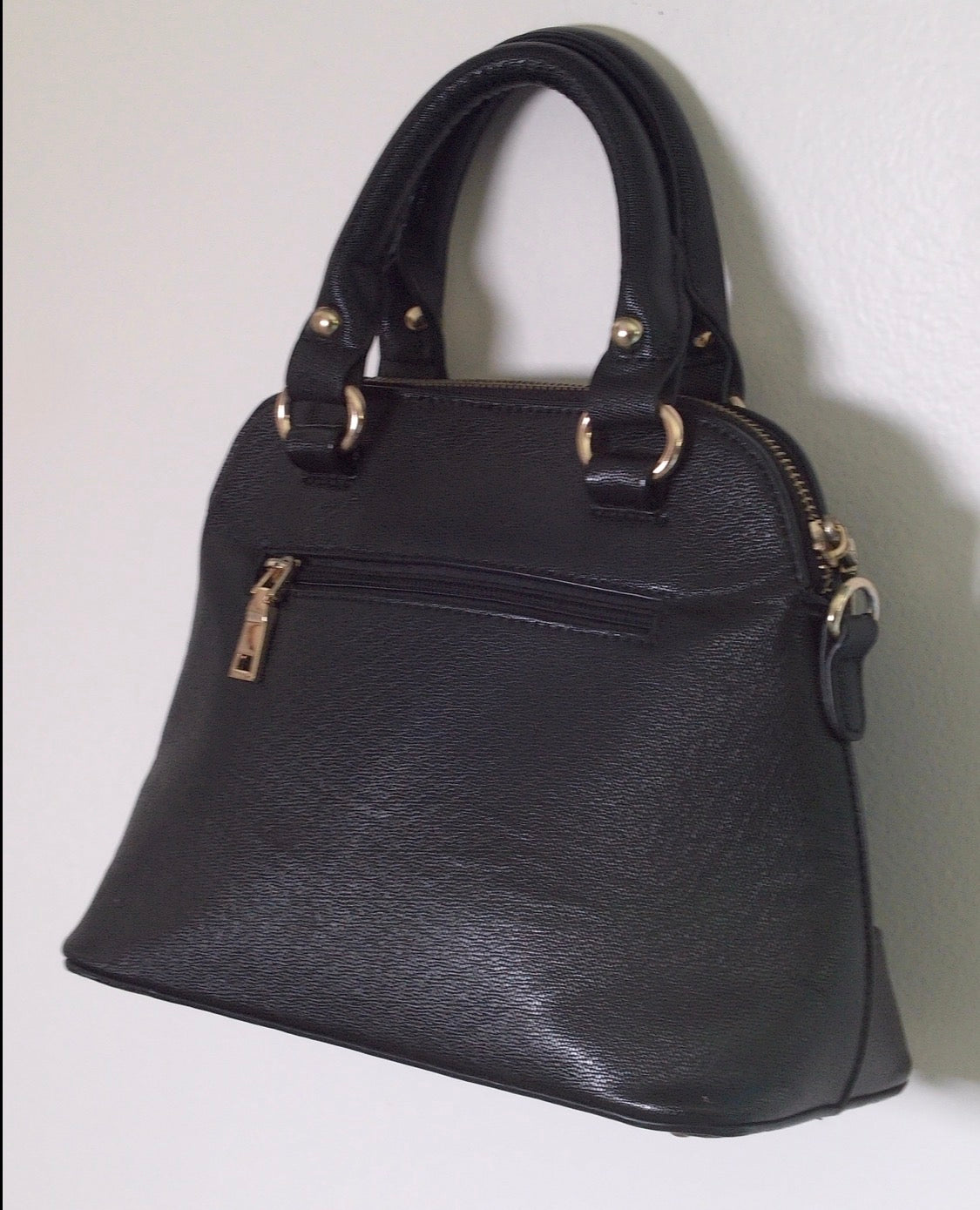 Pre Owned Black Pebbled Leather Dome Satchel | Structured Top Handle Doctor Bag | Gold Hardware Minimal Handbag (Vintage 1980s–90s)
