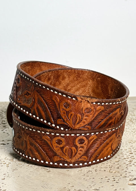 Brown Tooled Western Belt with Old Dominion Buckle