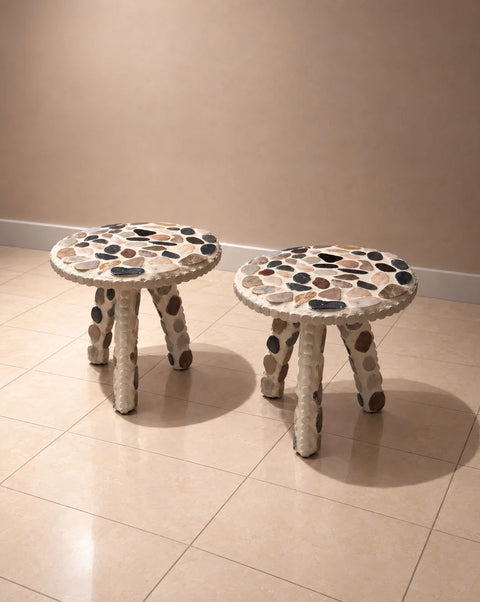 Handmade Multicolor Stone Mosaic Side Tables – Pair