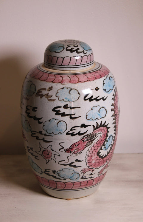 Vintage Korean Style Dragon Ginger Jar with Lid Pink Dragon and Clouds