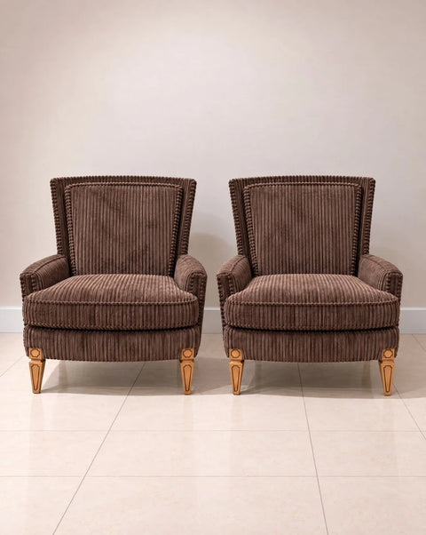 Brown Corduroy Upholstered Armchairs with Carved Legs – Pair