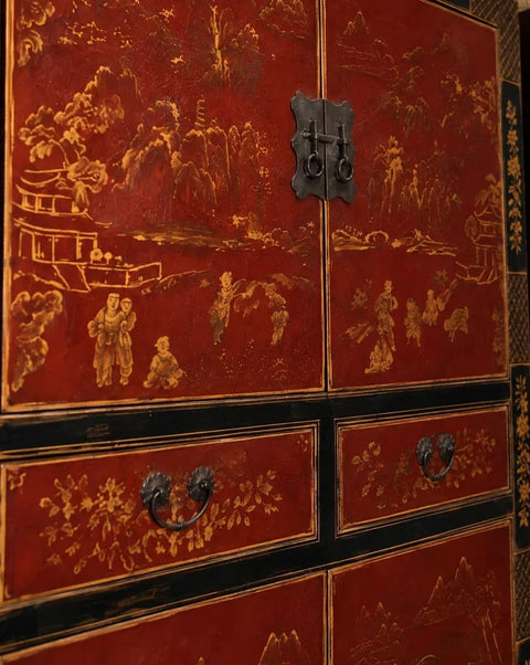 Pair of Red Antique Chinese Lacquer Chinoiserie Cabinets with Gilt Decoration