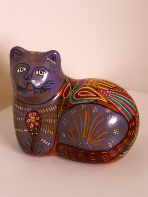 Purple Tonala Pottery Cat Sculpture, Hand-Painted