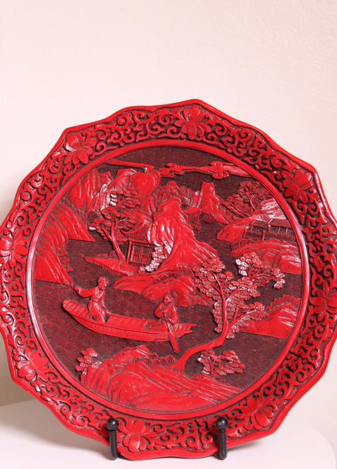 Vintage Red Cinnabar Style Carved Vase and Tray Set