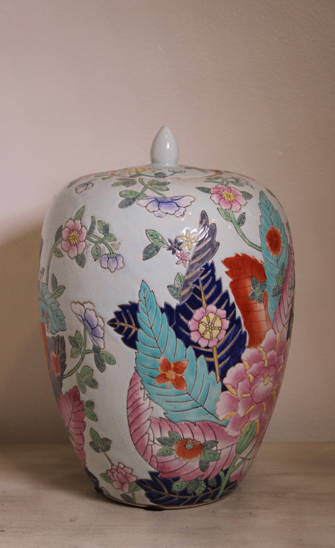 Vintage Large Floral Covered Porcelain Jar Colorful Chinoiserie Style