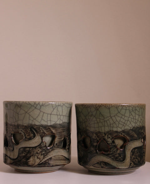 Vintage Japanese Somayaki Double-Wall Yunomi Tea Cups, Celadon Crackle, Set of 2
