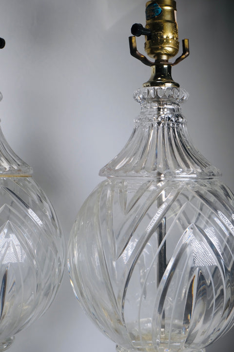 Pair of “Hollywood Regency” Crystal Ball And Brass Lamps