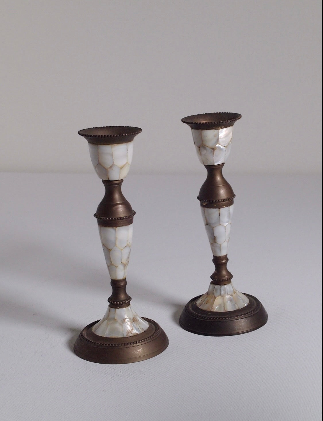 Pair of Abalone & Brass Candlestick Holders – Vintage