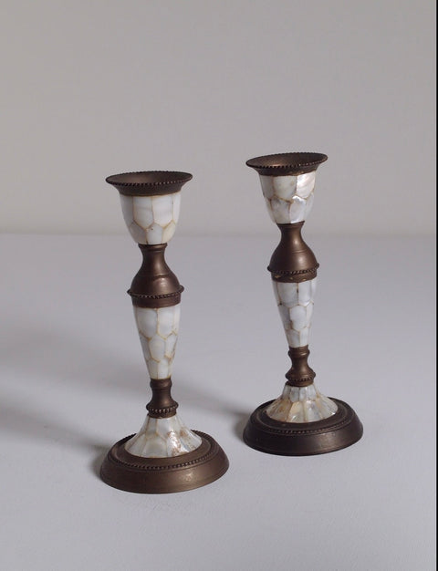 Pair of Abalone & Brass Candlestick Holders – Vintage
