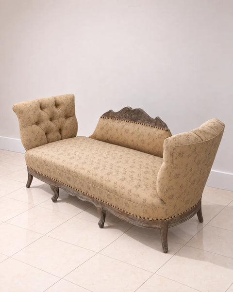 French-Style Tufted Settee with Carved Wood Frame