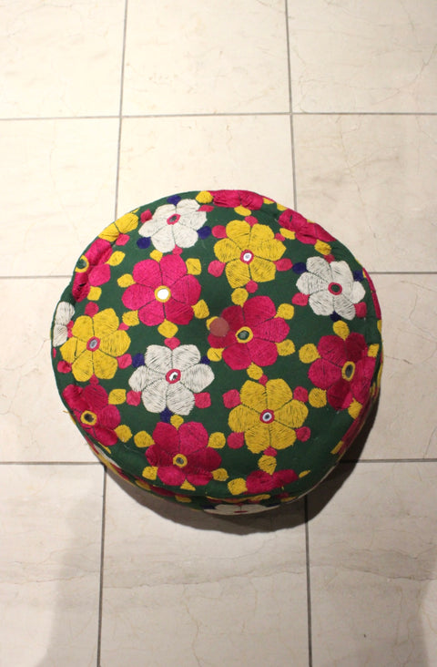 Vintage Hand Embroidered Floral Pouf Ottoman | Bohemian Floor Cushion | Textile Accent Seating