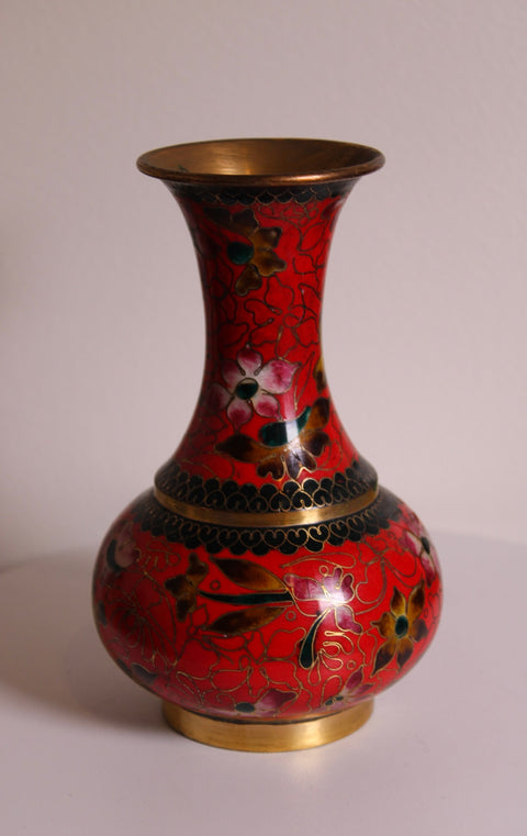 Vintage Red Cloisonné Floral Vase