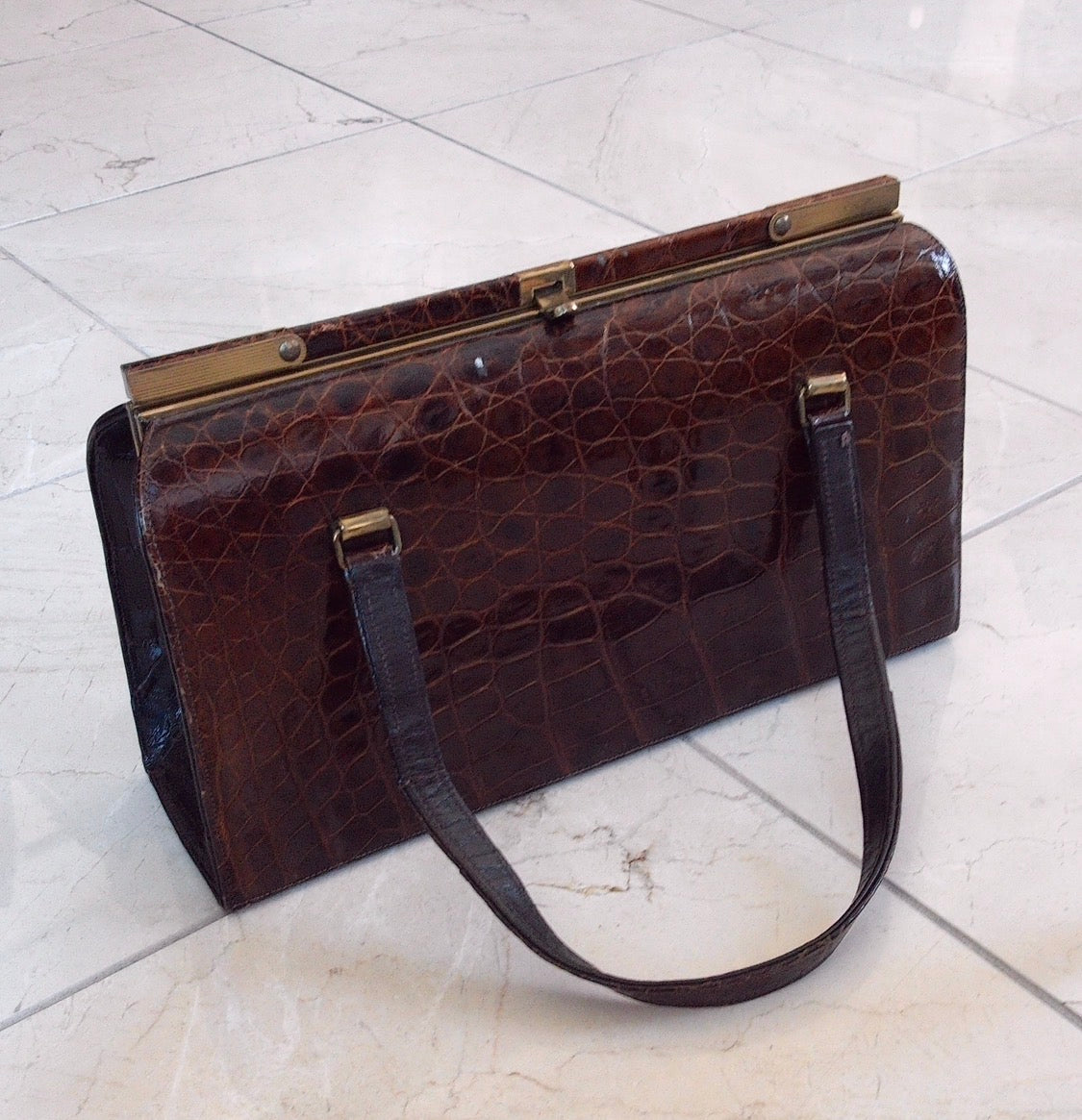 Pre Owned Black/Brown Crocodile-Embossed Leather Frame Handbag | Gold Kiss-Lock Clasp | Italy Top Handle Bag (Vintage 1970s–80s)