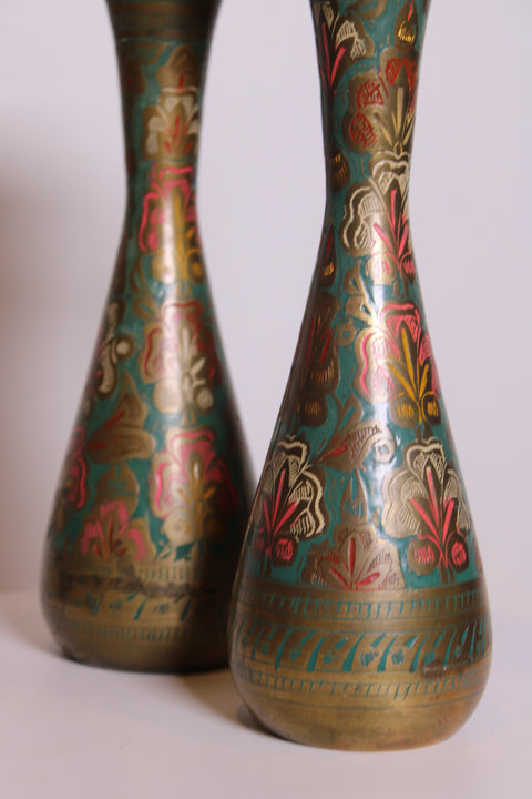 Pair of Painted Brass Floral Vases