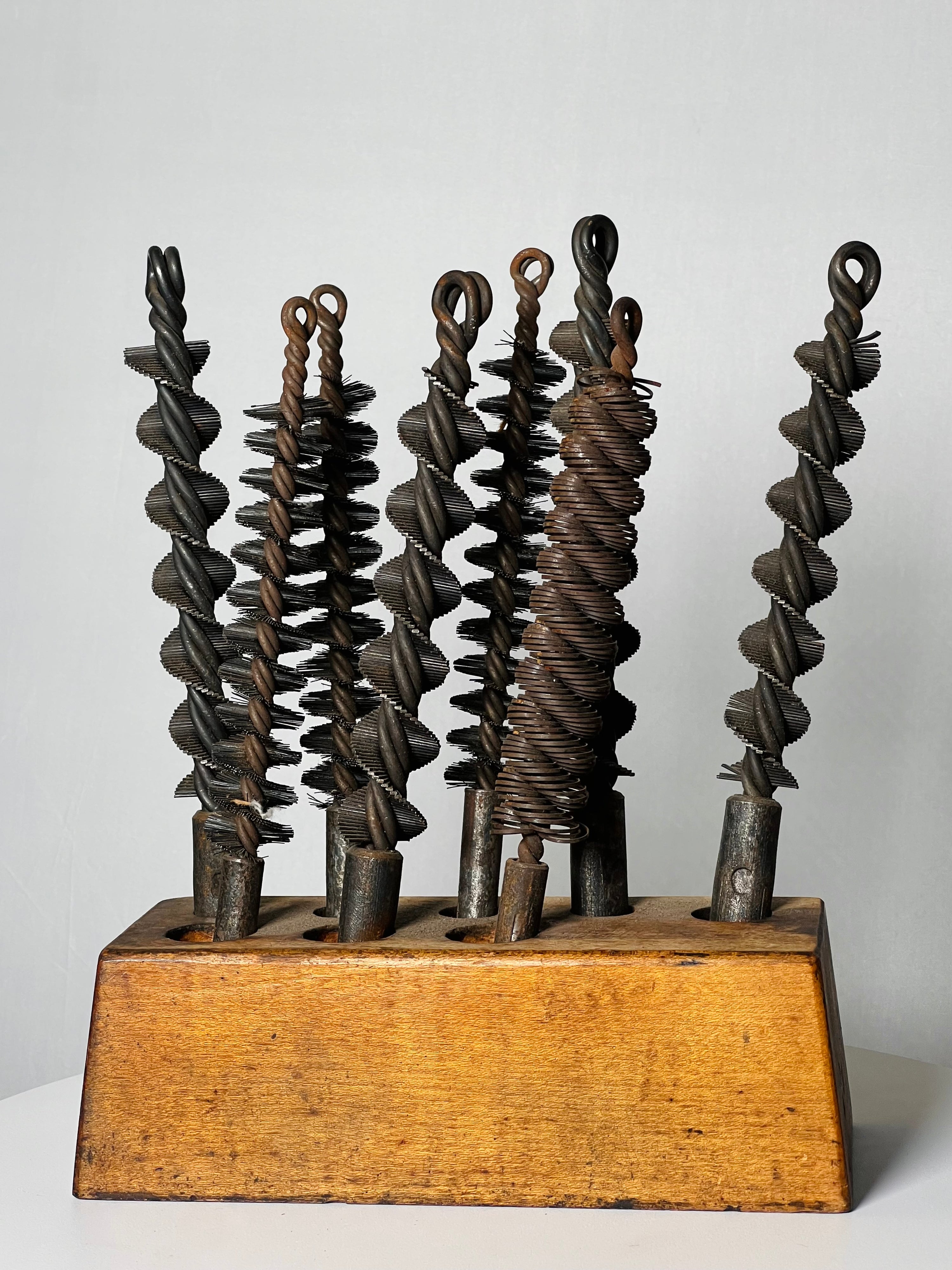 Antique Lathed Turned Wood Drill Holder & Bits (Vintage)
