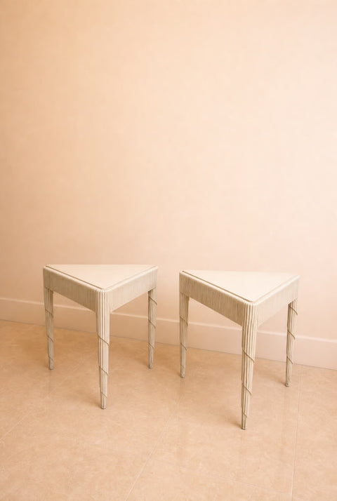 Vintage Pair of Cream Fluted Carved Side Tables