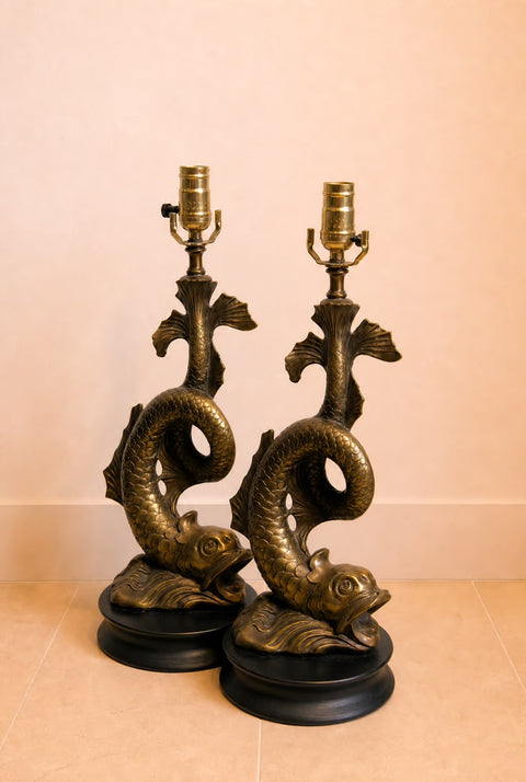 Pair of Vintage 1950s Japanese Koi Fish Table Lamps – Hollywood Regency Brass Sculptural Lamps