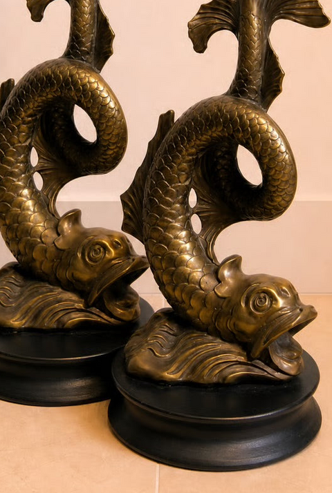 Pair of Vintage 1950s Japanese Koi Fish Table Lamps – Hollywood Regency Brass Sculptural Lamps