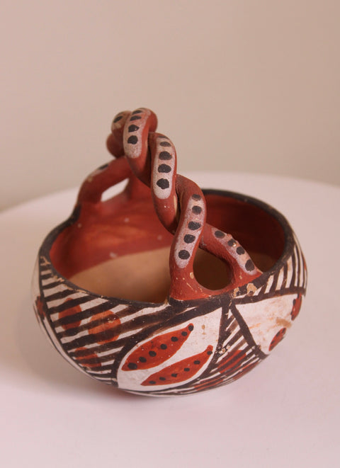 Hand Painted Folk Art Basket Pottery Vessel