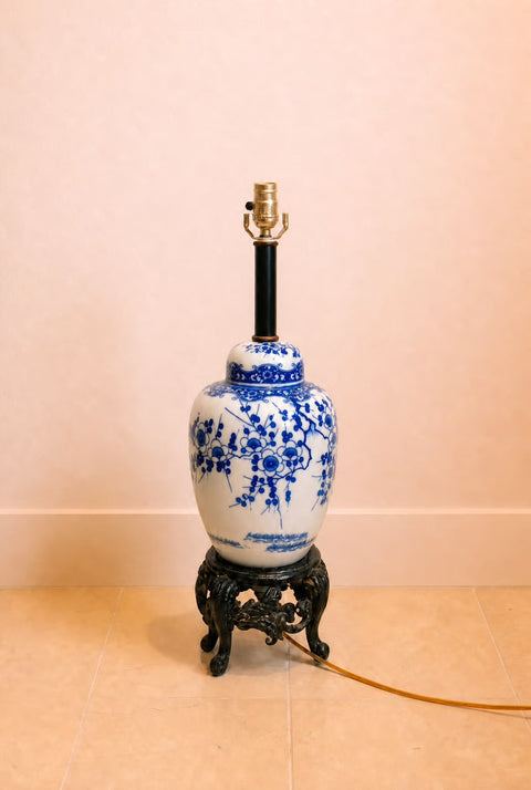 Vintage Blue & White Cherry Blossom Porcelain Ginger Jar Table Lamp