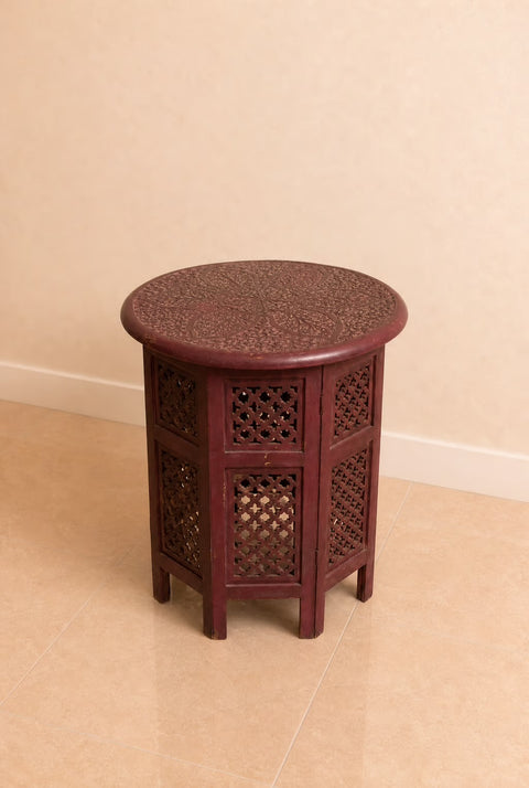 Vintage Hand-Carved Moroccan Round Accent Table | Red Wood Side Table