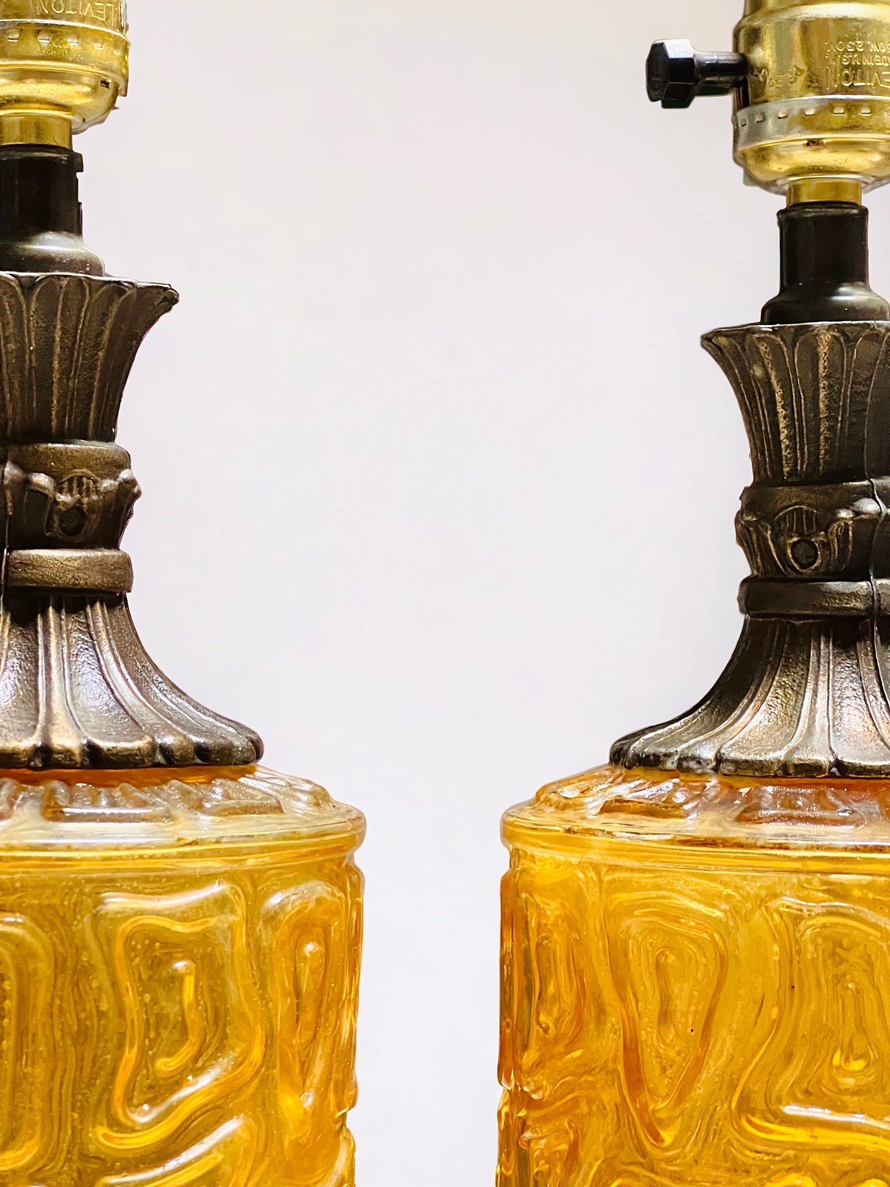Vintage 1970 Amber Glass Nightlight Table Lamps (Pair)