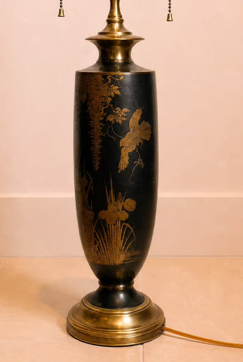 Black and Gold Chinoiserie Double-Light Table Lamp