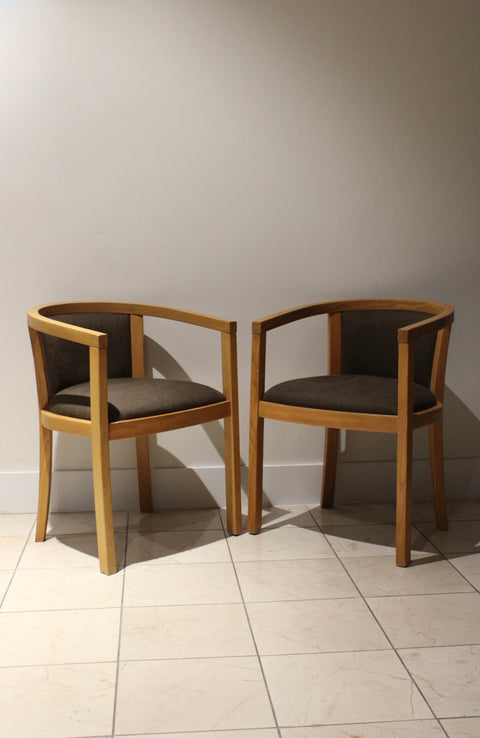 Vintage Danish Modern Oak Barrel Back Chairs | Scandinavian Lounge Armchairs Pair