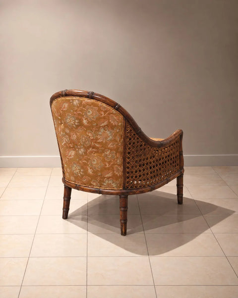 Vintage Cane-Side Barrel Armchair with Gold Floral Upholstery
