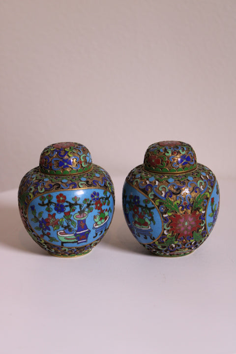Vintage Chinese Cloisonné Mini Ginger Jar Pair