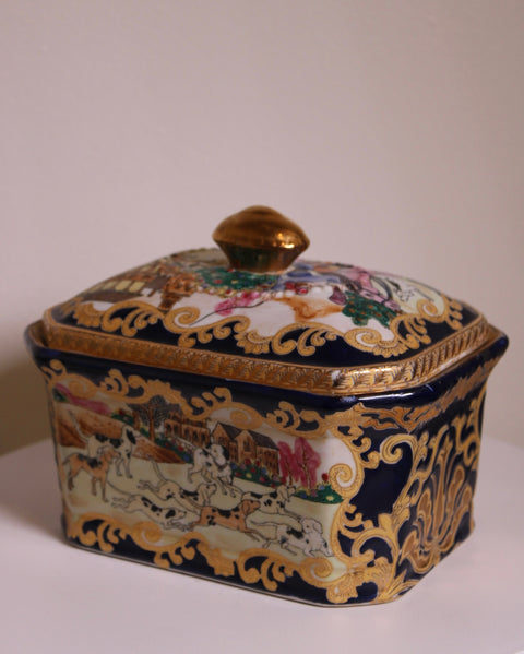 Vintage Black and Gold Porcelain Covered Box with Dog Scene