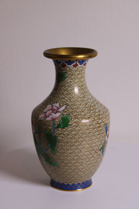 Vintage Chinese Cloisonné Peony Vase – White Enamel Ground