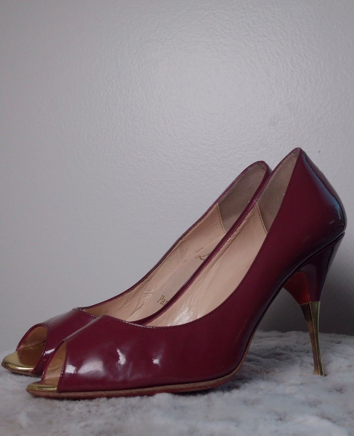 Pre Owned Christian Louboutin Burgundy Patent Peep Toe Heels | Red Sole Gold Heel Pumps | Designer Evening Shoes