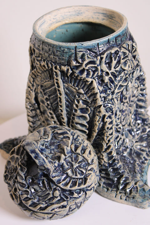 Blue White Folk Art Ceramic Covered Box